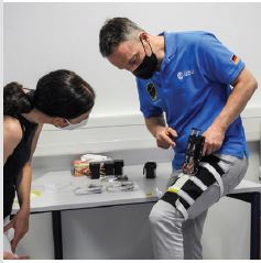 ESA astronaut Matthias Maurer learns how to use the Bioprint First Aid device during preflight training for his November 2021 launch to the ISS to complete his Cosmic Kiss mission.