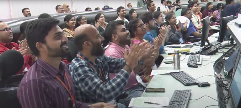 Space workers celebrate lunar landing of the India's Chandrayaan-3 probe, making it the 4th nation to safely land a spacecraft on the Moon.