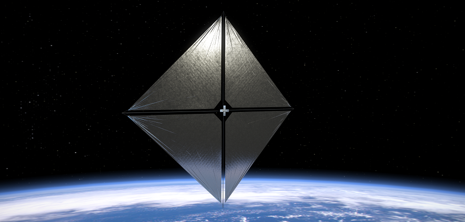 A graphic of NASA’s Advanced Composite Solar Sail System spacecraft in orbit. Credit: NASA.