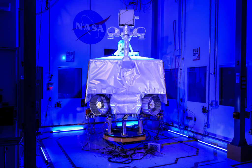 The metallic front of the VIPER lunar rover in a NASA lab