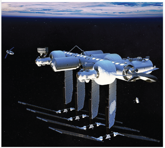 A rendering of the fully built-out Orbital Reef station, designed by Blue Origin and Sierra Space. The first segment of the station is planned for launch in 2027. Credit: Blue Origin