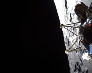 A view sent back from the Athena spacecraft as it approached the Moon's surface.